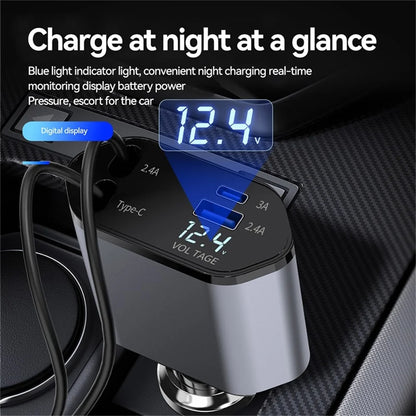 Ultimate 4-in-1 Fast Car Charger - 100W Power with iPhone & Type C Cables, Dual Charging Ports