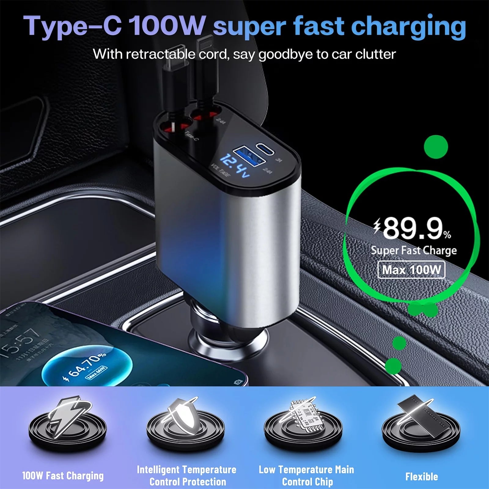 Ultimate 4-in-1 Fast Car Charger - 100W Power with iPhone & Type C Cables, Dual Charging Ports